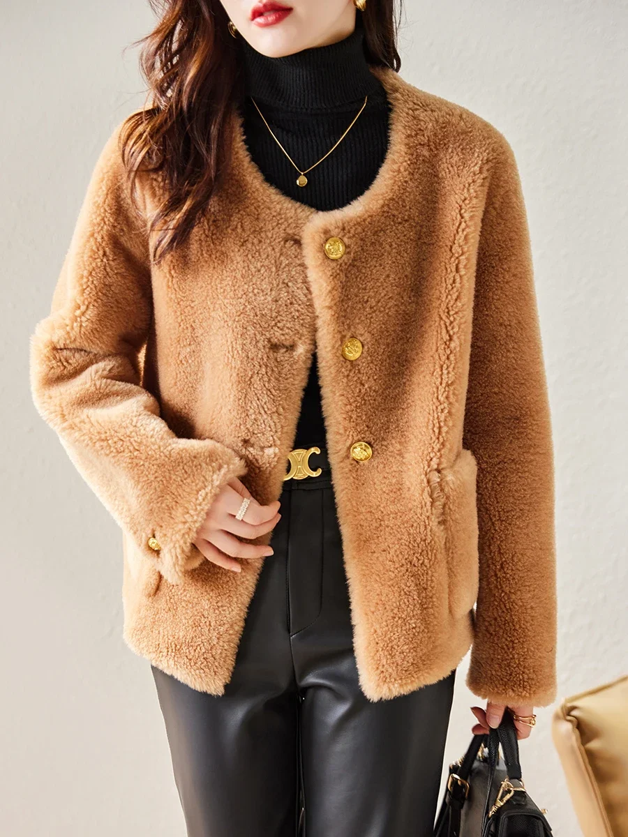 Nuovo cappotto di pelliccia di lana granulare girocollo alla moda