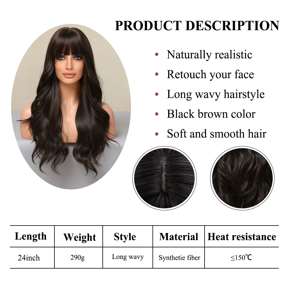 EASIHAIR Long Brown Black Wavy Synthetic Wigs with Bang Natural Wave Hair Wig for Black Women Daily Cosplay Heat Resistant Fiber