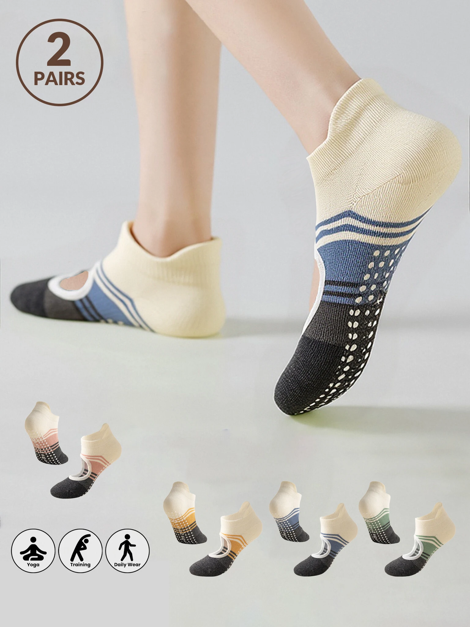 1/2pairs Women Non Slip Yoga Socks Anti-slip Open-back Striped Color Block Sports Fitness Pilates Floor Socks