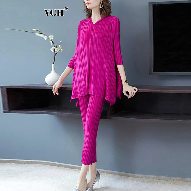 

VGH Casual Two Piece Sets For Women V Neck Long Sleeve Loose Shirts High Wiast Slimming Pencil Pants Soild Set Female Fashion