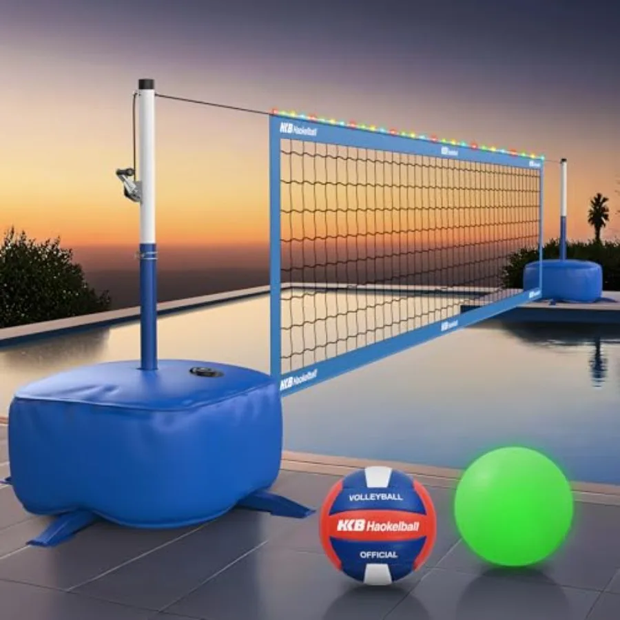 

Pool Volleyball Net Set with LED Lights Height Length Adjustable 15-32FT for Inground Above Ground Pools 2 Water Balls 1 Glow 4