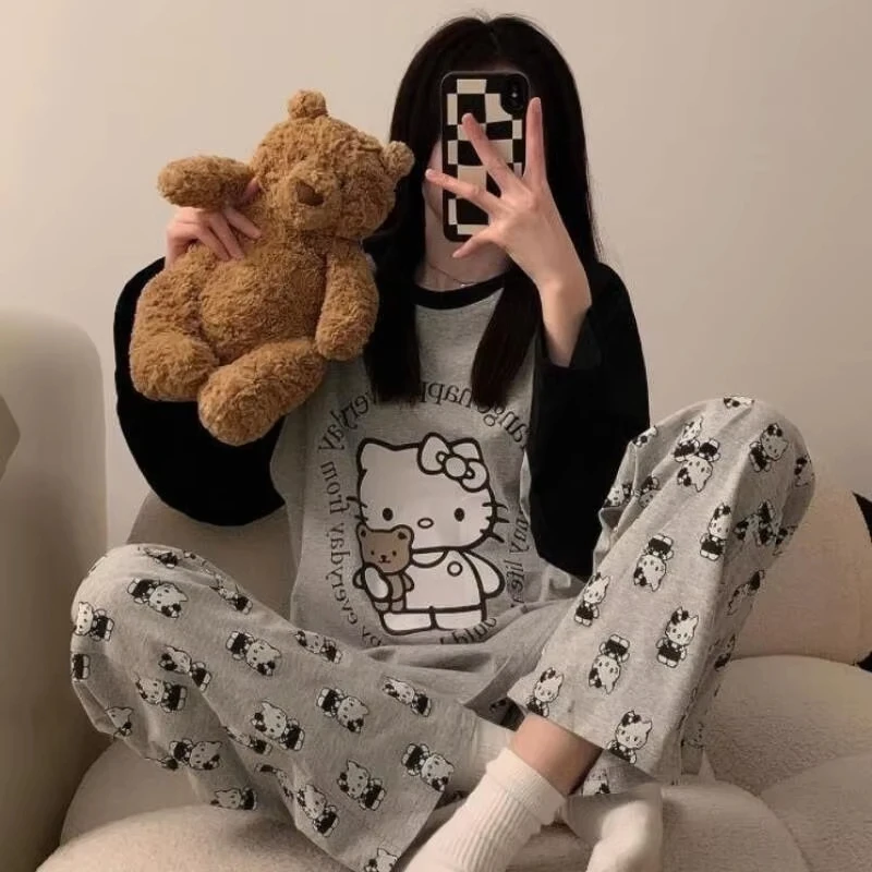 

New Sanrio Hello Kitty Pajamas 2Pcs Set Cotton Women Homewear Cute Style Long Sleeve Spring Autumn Seasonal Versatile Sleepwear