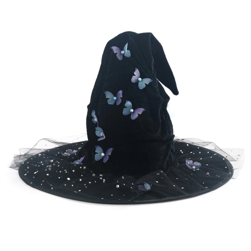 Crinkle Textured Bend Witch Cap Delicate Tulle Butterfly Detail for Halloween Street Parade Dark Myth Character Shooting Photo