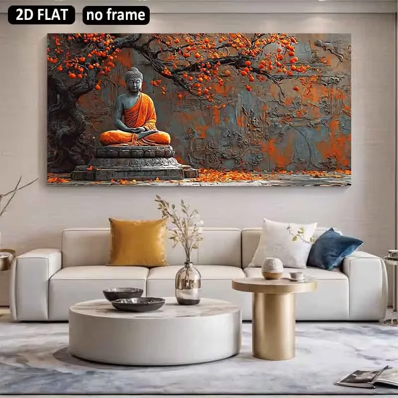 2D Flat, 2D Flat 1pc 31.49X62.99inch 80X160cm UnFramed Large Canvas Printing Serene Buddha Under Persimmon Tree Home Decor Canva