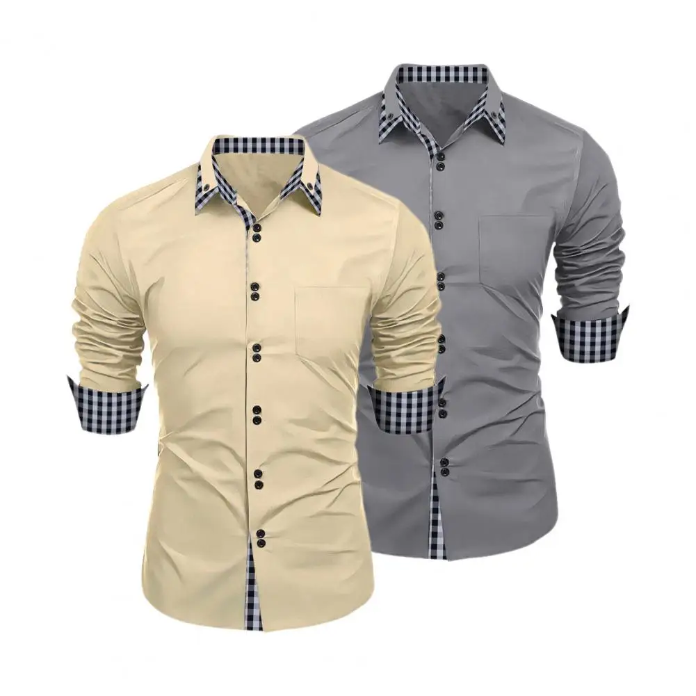 Camisa de manga comprida Slim Fit masculina, camisa Slim Fit formal, estampa xadrez colorida, camisa primavera, streetwear