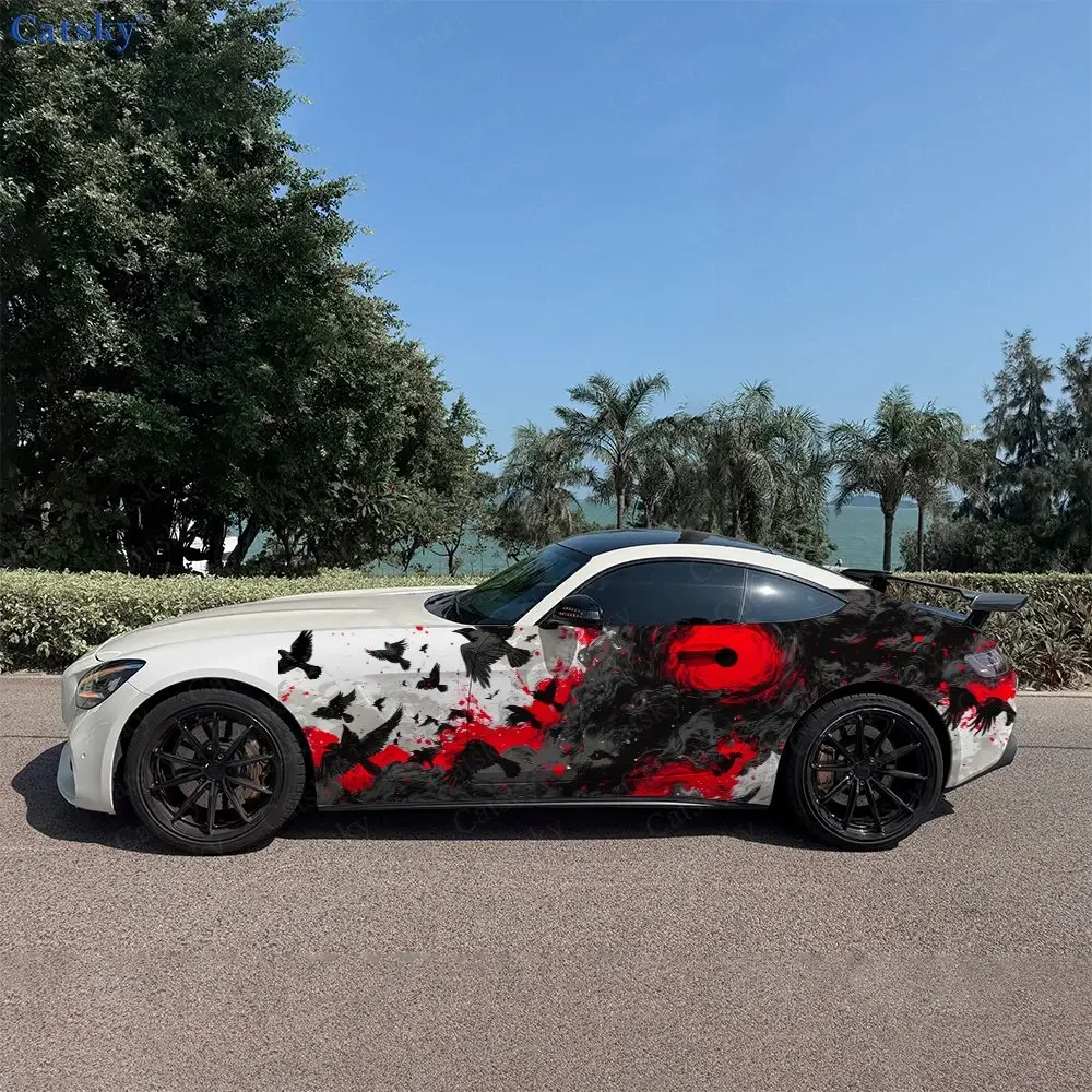 Crow Frenzy Gothic Style Car Side Wraps, Self-Adhesive PVC Waterproof & Scratch-Resistant Stickers, Car Accessory Gift
