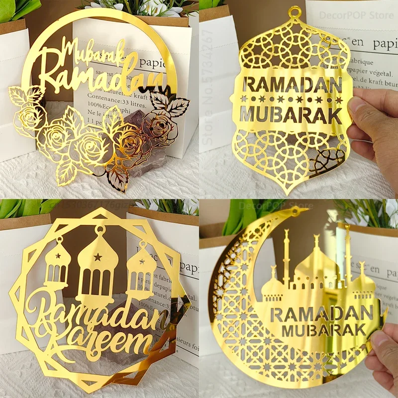 Ramadan Kareem Hanging Pendant Acrylic Gold Moon Star Lantern Eid Mubarak Hanging Decoration Ornament for Muslim Islamic Party