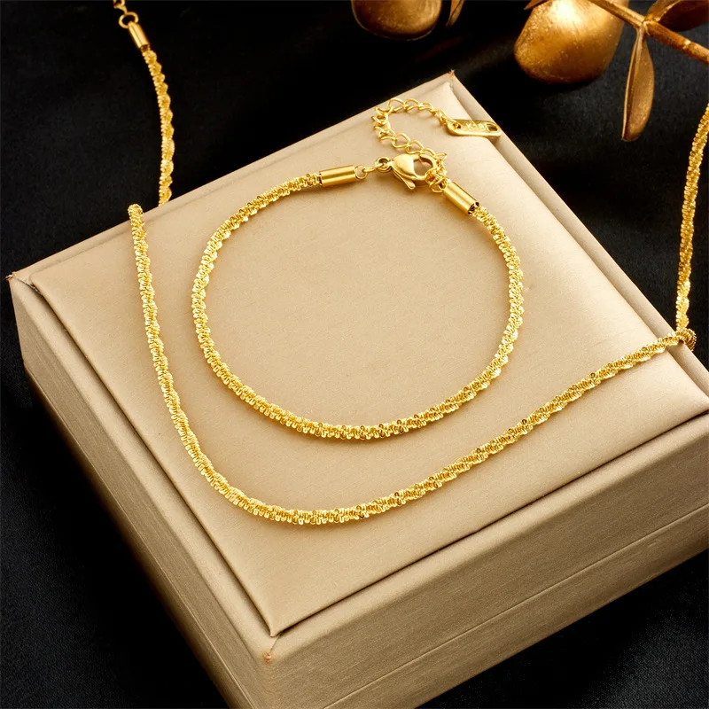

10 Pieces Stainless Steel Simple Vintage Rough Fried Dough Twists Chain Woven Bracelet Necklace Set Fashion Jewelry for Women