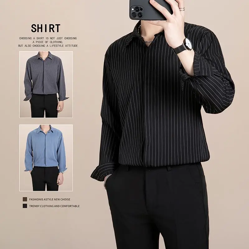 

Men's Slim Fit Long Sve Striped irt Casual Spring Busin Casual Polyester Fabric High Glossin Korean Sle Versatile