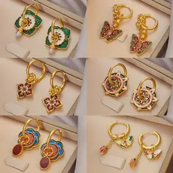 Vintage Chinese Colorful Enamel Earrings for Women Ethnic Design Gold Plated Multiple Wear Ways Flower Shape Luxury Jewelry Gift
