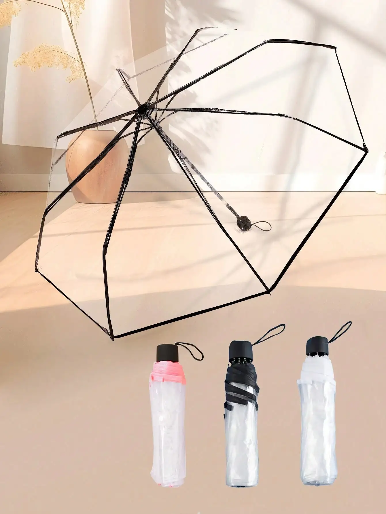 1pc 8-Rib Thickened Pvc Transparent Folding Umbrella, Outdoor Photoshoot Travel Three-Fold Umbrella For School,Office,Household,