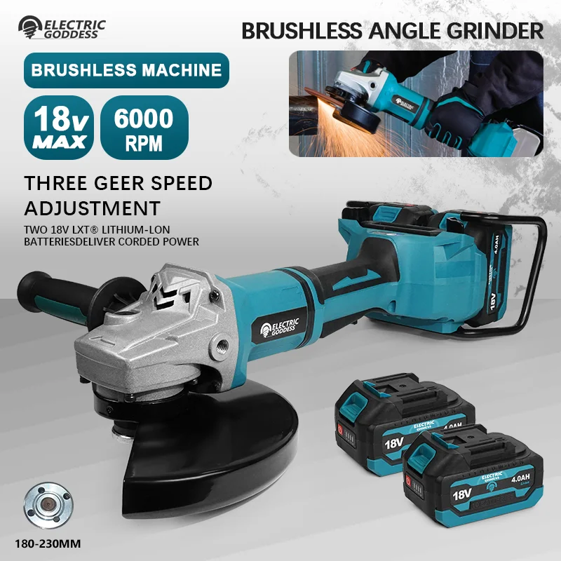 EGOD 6000RPM Brushless Angle Grinder Dual Battery Operated Sanding and Polishing Machine Power Tools for Makita 20V Battery