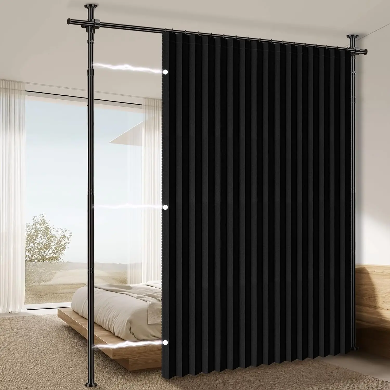 100% Blackout Room Divider Curtain Sets Black 1 Panel W100 X L84in No Drill Curtain Rods 43-120(H) X 35-100(W) In For Bedroom Pr