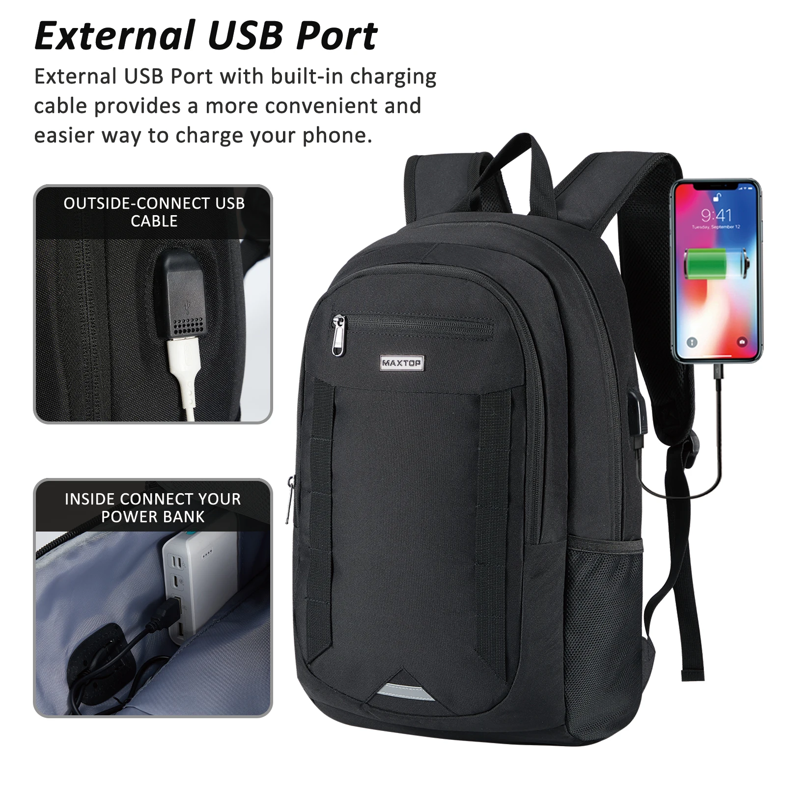 MAXTOP-mochila para ordenador portátil, morral para ordenador de negocios con puerto de carga USB, librería universitaria, se adapta a ordenador