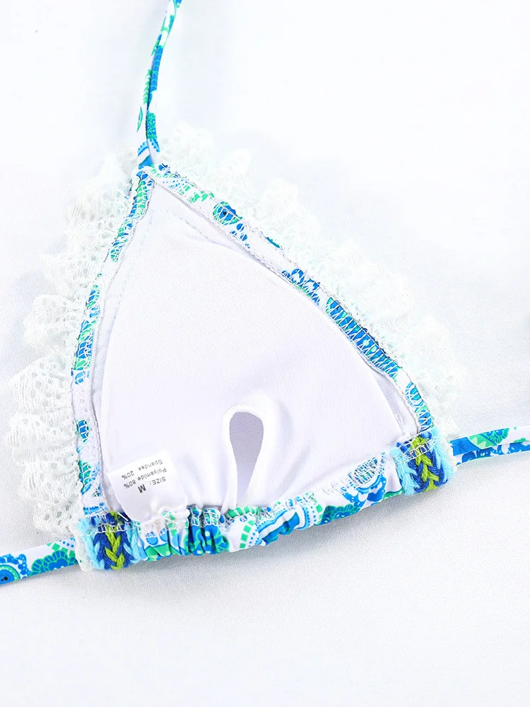 Bañador estampado de dos piezas para mujer, conjunto de Bikini de encaje azul y verde, traje de baño Sexy, ropa de baño femenina