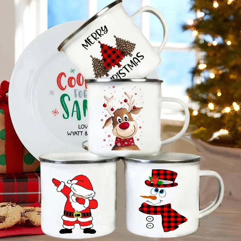 Handle Enamel Mugs Hot Sale Santa Deer Snowman Tree Print Coffee Cup Christmas Party Drinks Wine Beer Juice Milk Cups Xmas Gifts