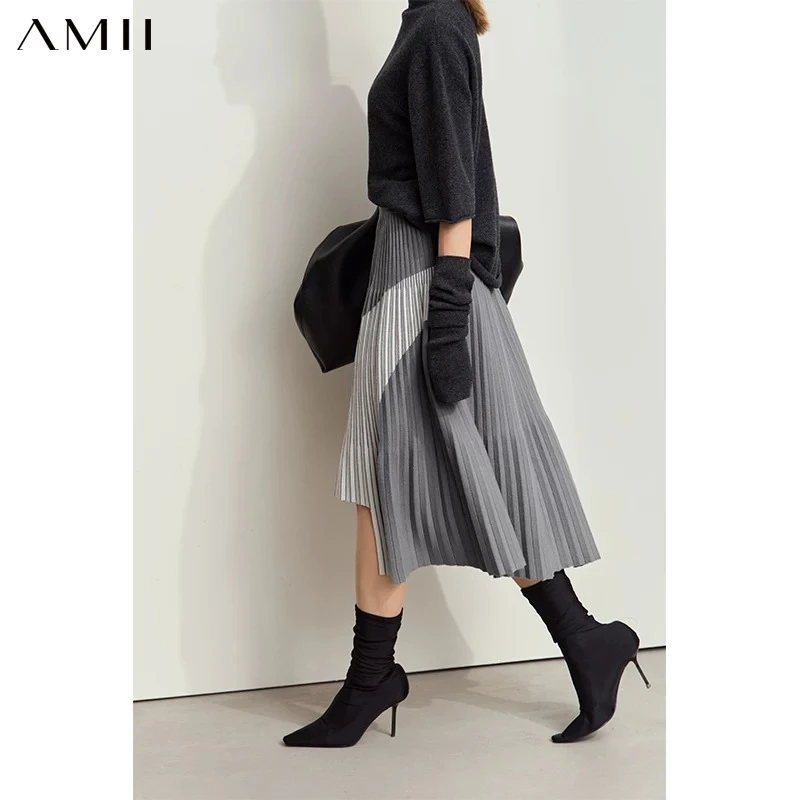 AMII Women's Minimalise Patchwork Skirts 2026 Winter Versatile A Line Pleated Irregular Female Commuter Knitted Skirt 12424047