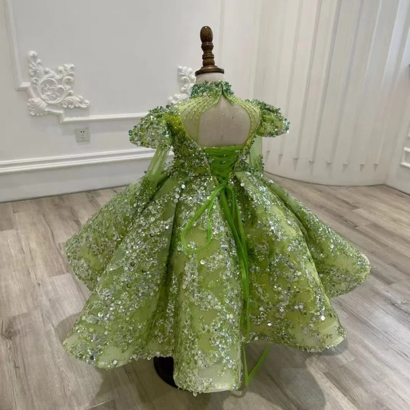 Children's green sequin exquisite embroidered beaded long-sleeved skirt