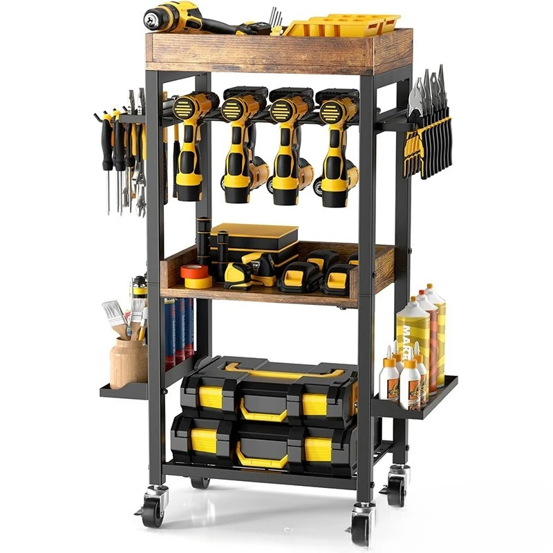 Garage Power Tool Management Vehicle, Black Floor-to-Floor Roller Drill and Tool Rack Wheeled Storage Vehicle