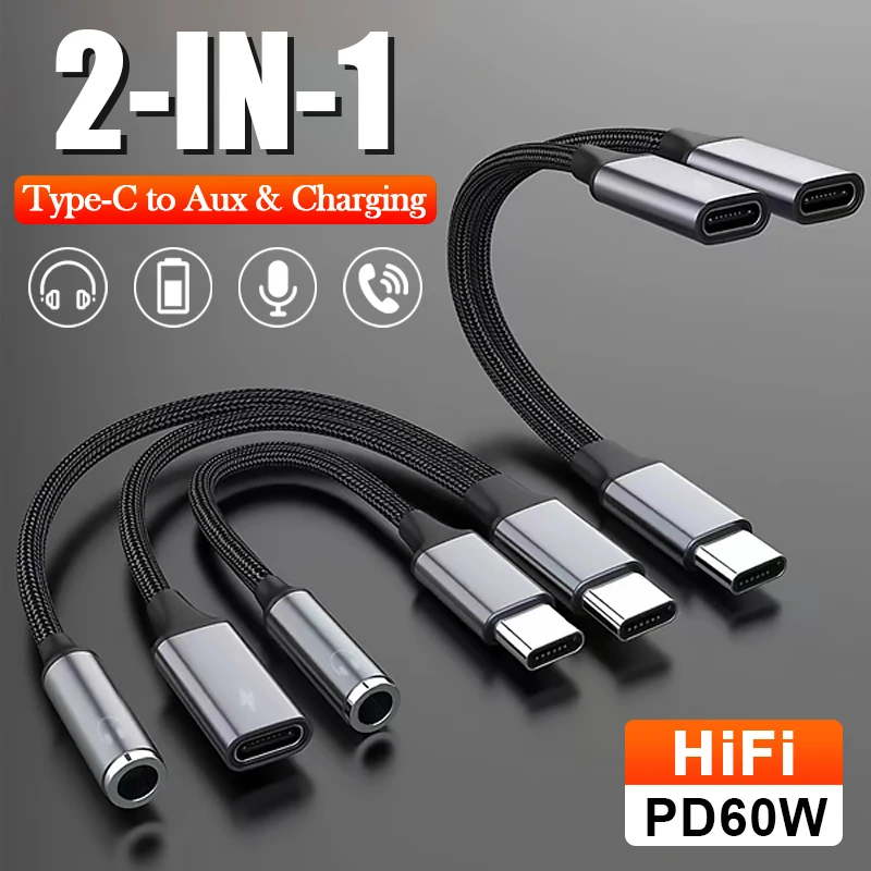 USB Type C Splitter For iPhone 15 USB C to Type C Headphone Adapter PD 60W Fast Charging AUX Audio Cable For Samsung S23 Ultra