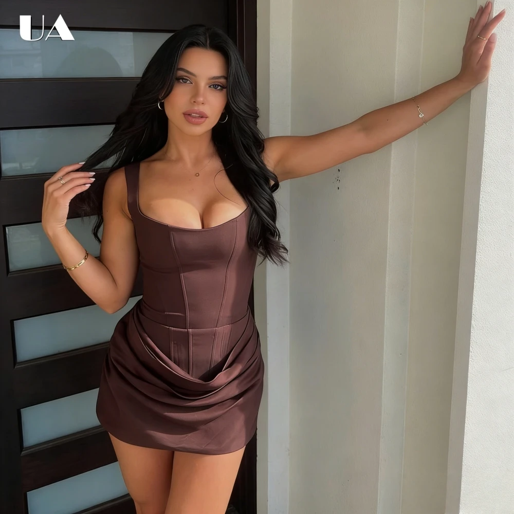 

Trendy Sheath U-neck Draped Mini Dress Hotsweet Sleeveless Lace-up Short Dress for Woman Fashionable Solid Cocktail Party Dress