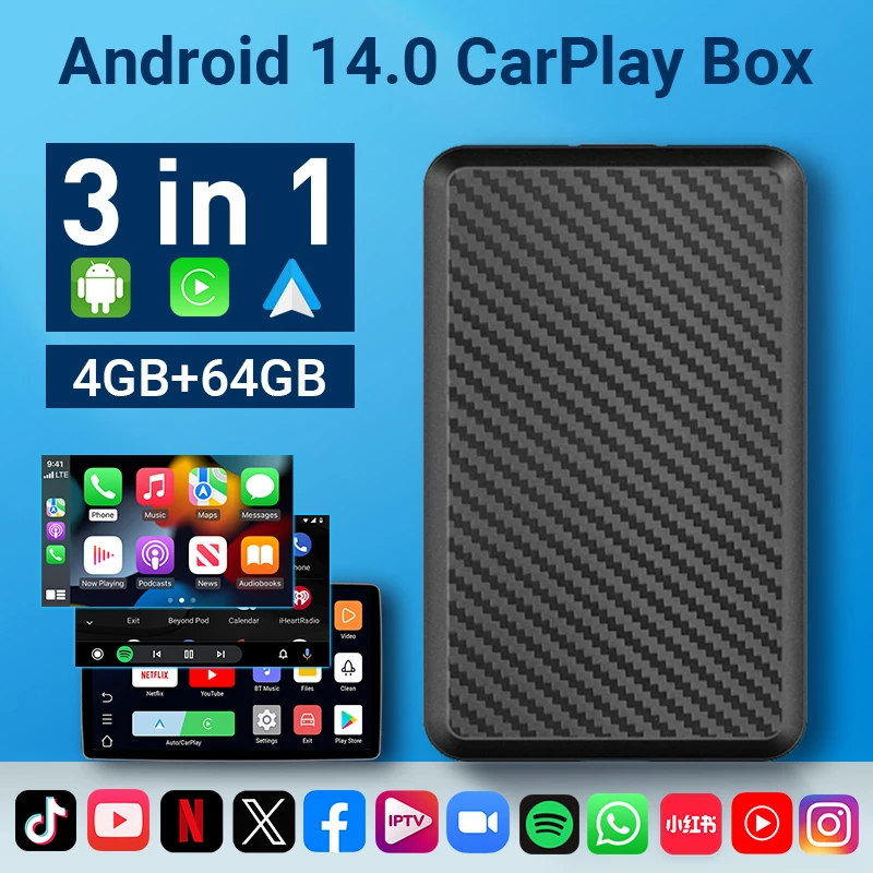 Android14  NEW Wireless CarPlay/Android Auto 3in1 CarPlay Ai Box 4GB+64GB Can download Xiaohongshu、YouTube、TikTok、etc. on Google