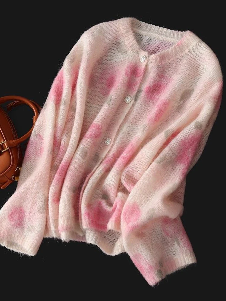 เสื้อคาร์ดิแกนไหมพรมลายดอกไม้สุดหรูสำหรับผู้หญิง แขนยาว สไตล์วินเทจ ทรงหลวม คอโอ ติดกระดุมแถวเดียว เหมาะสำหรับฤดูใบไม้ร่วง