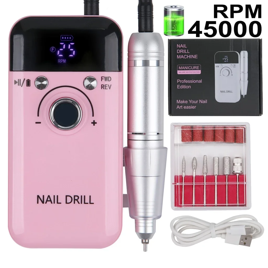 Trapano per unghie portatile elettrico professionale da 45000 giri/min Lima per levigatrice per unghie ricaricabile a basso rumore per strumento per salone di manicure