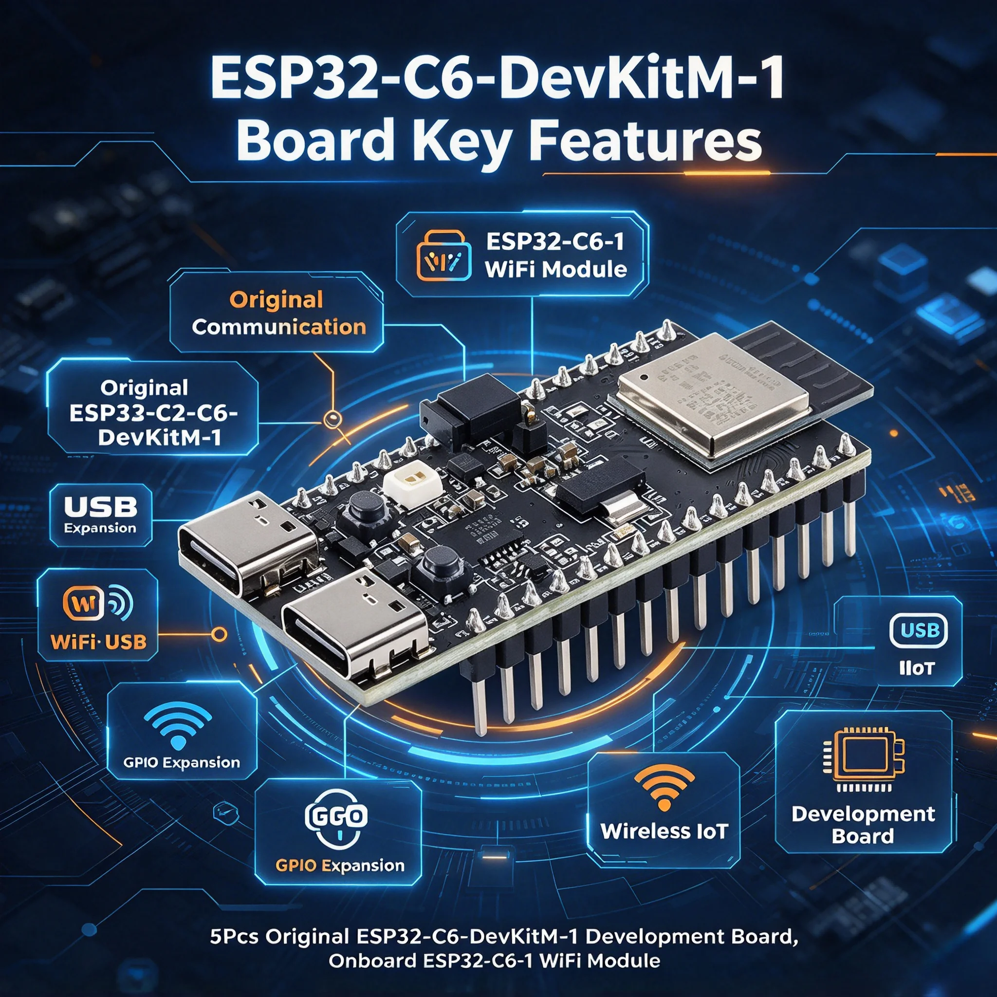 5Pcs Original ESP32-C6-DevKitM-1 RISC-V WiFi 6 BLE 5 Zigbee Thread 4MB Flash