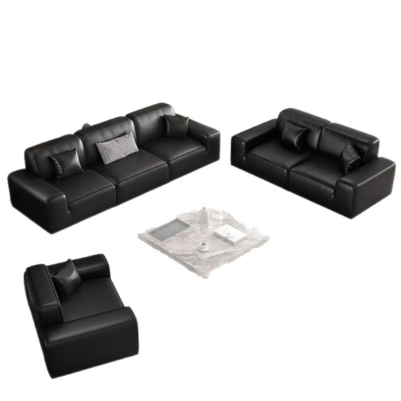 Modern Italian minimalist leather sofa living room small apartment home simple black straight row leather sofa office
