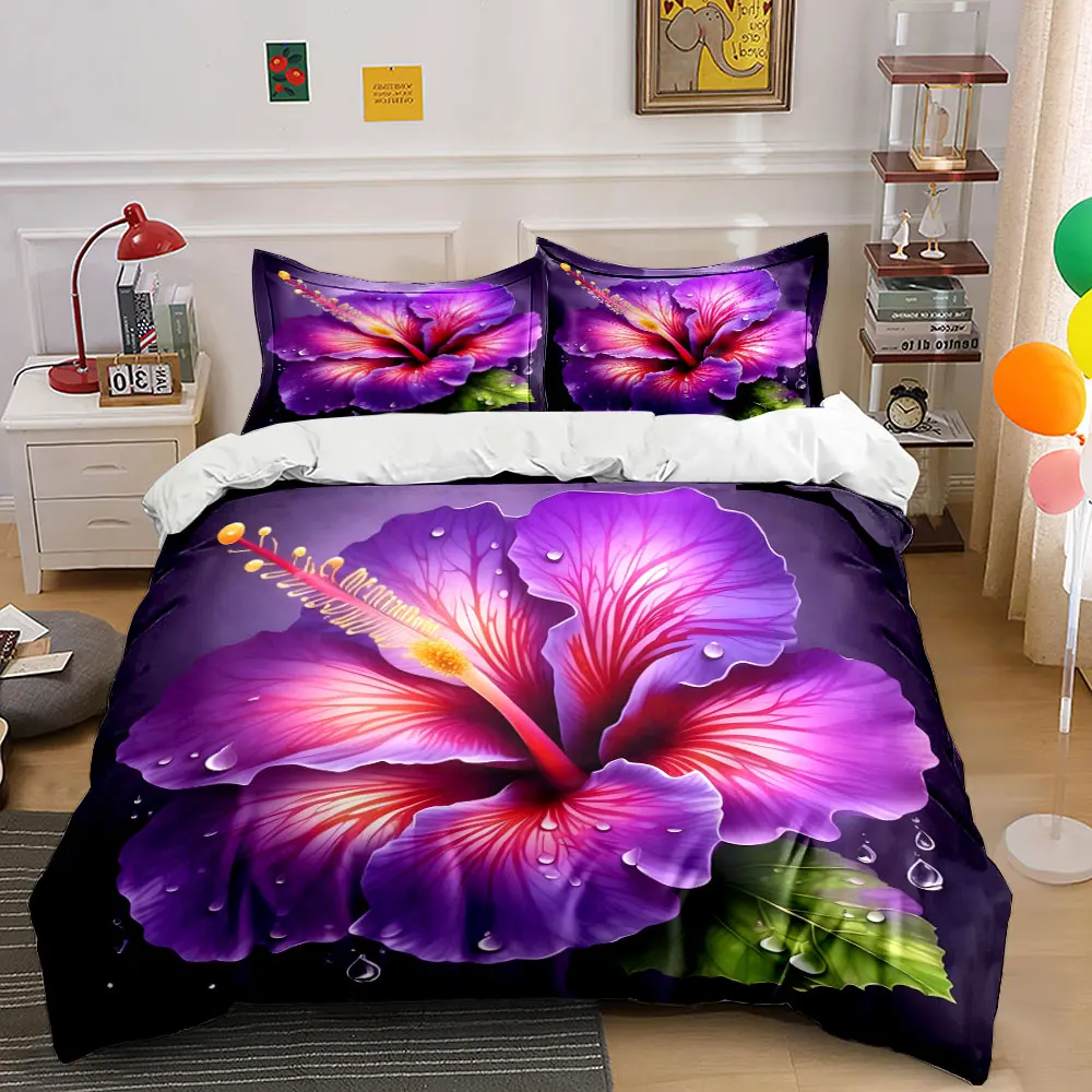 Purple hibiscus with dewdrops Print Soft Comfortable Duvet Cover Bedding Set Included 1*Duvet Cover 2*Pillowcases Luxury gifts
