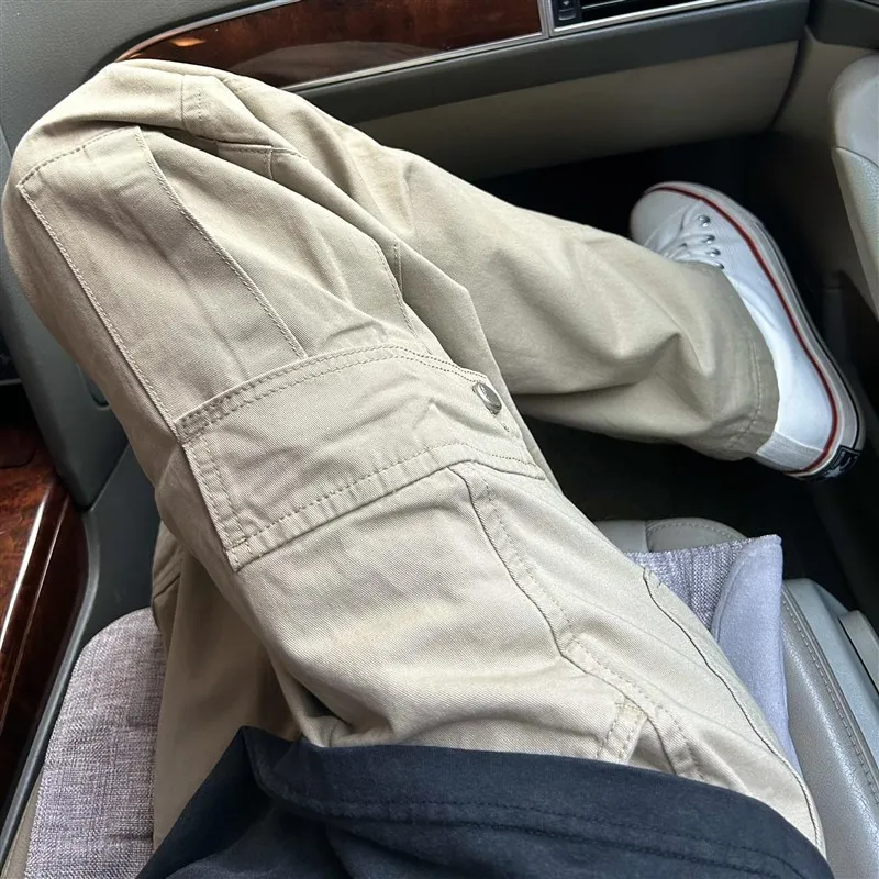 

Ретро-американские мужские рабочие брюки свободного кроя с широкими штанинами, повседневные, с множеством карманов, в японском стиле, длинные брюки-комбинезон