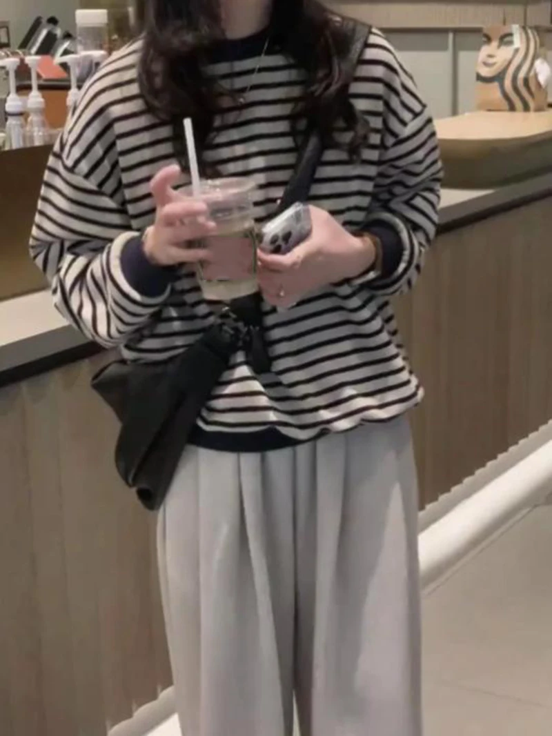 Women's New American Striped Round Neck Pullover For Spring Autumn Fashion Loose Casual Knitted Sweater Top Oversize Winter