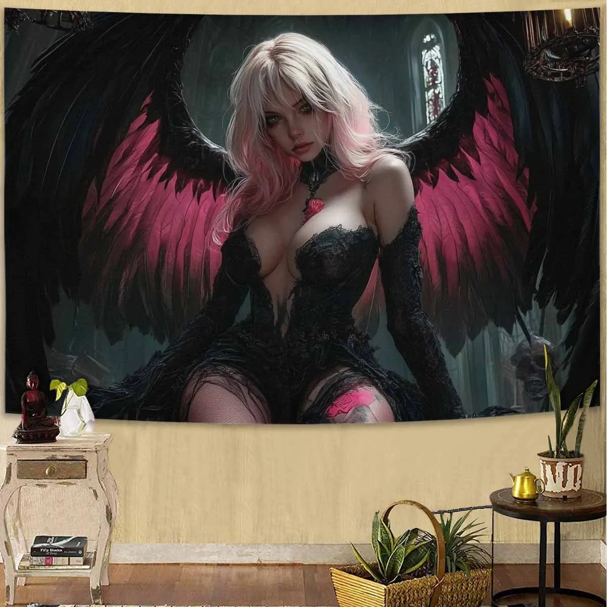 Dark Angel Tapestry, Gothic Fantasy Wall Art for Bedroom or Living Room, Large Decorative Hanging, Add Mysterious Elegance