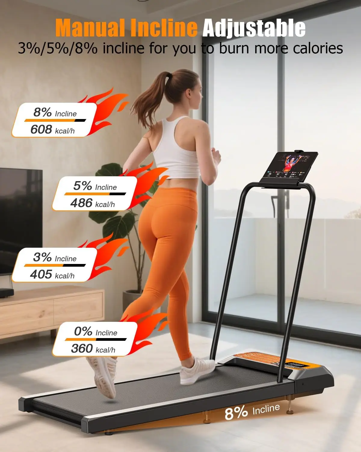 2.5HP Low-Noise 2-In-1 Under-Desk Walking Pad Treadmill, Handle Bar & Adjustable Incline, Remote Controller with LED Screen for Home & Office Training