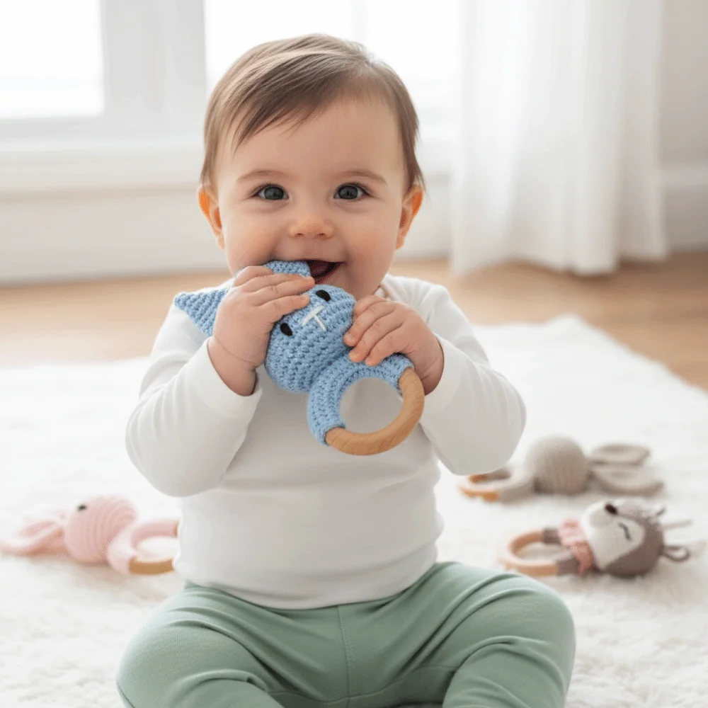 الخشب القوارض أرنب الطفل الكروشيه حشرجة الموت لدغة محبوك الكرتون الحيوان خشبية عضاضة لعبة مدمن مخدرات لعب لينة تصميم مهدئ #1