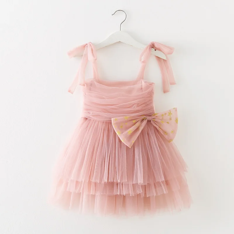 New 2024 Baby Girl Clothes Solid Color Cute Bow Tie Decoration Sling Lolita Baby Girl Dress Birthday Princess Puffy Dresses