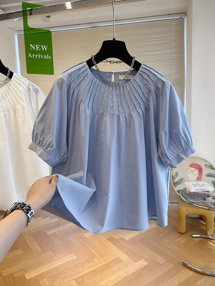 Women Blue Chic Puff Sleeve Blouse Sexy Off Shoulder O-neck Solid Color Puff Sleeve Loose Tops Shirt