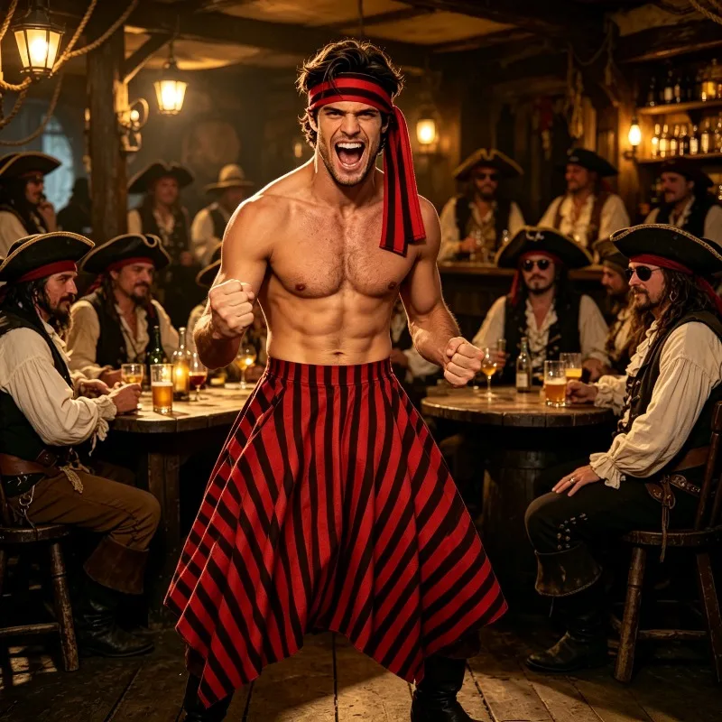 Halloween Pirate Costume for Men Striped Wrap Skirt Coordinating Headband 3D Printed Asymmetric Role-Play Set
