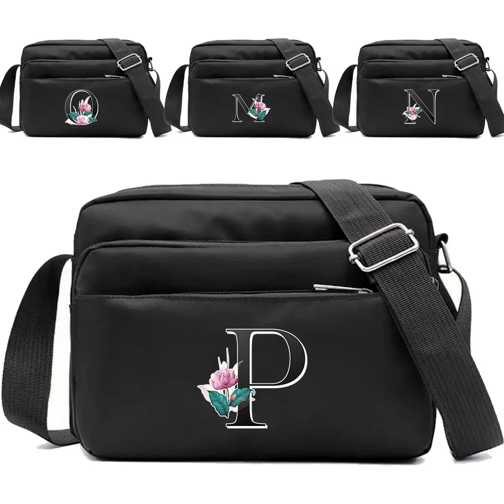 Portable Travel Leisure Simple Whitemarble Letter Series Print Pattern Storage Bag Multi-layer Black One Shoulder Crossbody Bag