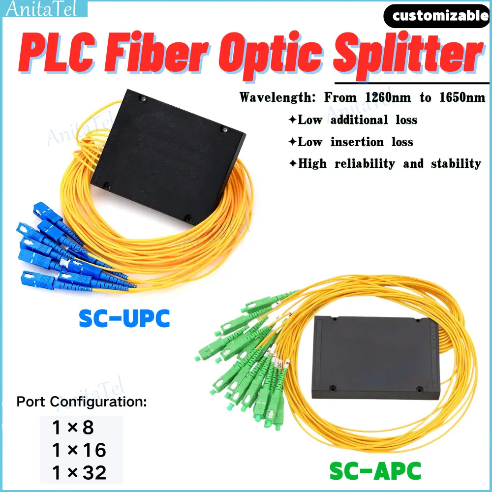 

Fiber Optic FTTH Splitter SC/APC SC/UPC FBT Optical Coupler 1:8,1:16，1X32 SC UPC Singlemode simplex 1M PLC optical splitter