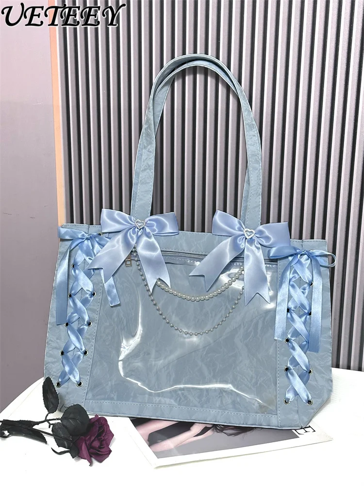 Japanese Style Sweet Girl Versatile Ribbon Bow Cute Handbag Outings Travel Shopping Large Capacity Makeup Bag Shoulder Bags
