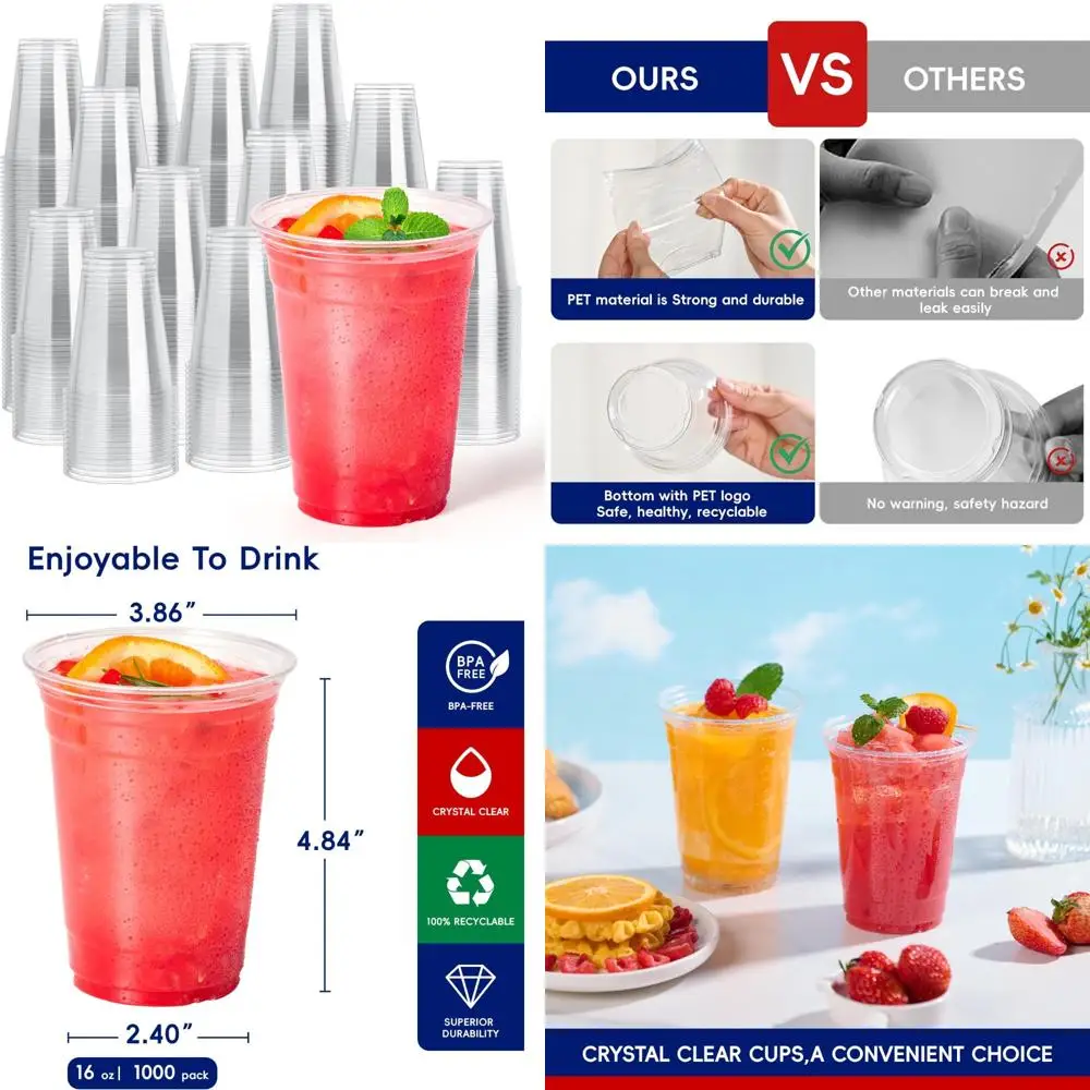 

Одноразовые пластиковые стаканчики на 16 унций, упаковка по 1000 прозрачных стаканчиков для вечеринок, идеально подходят для напитков, таких как воду, холодную кофе и пиву.