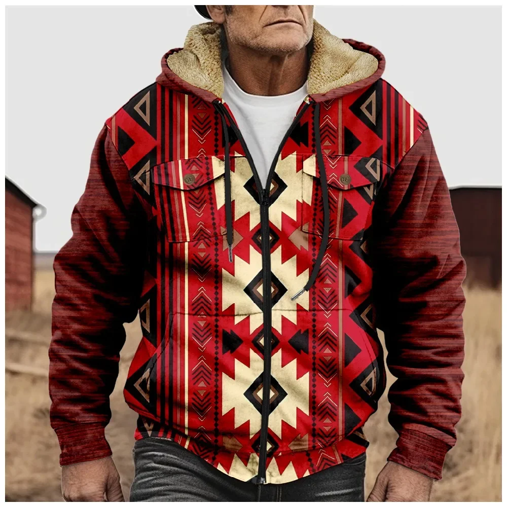 

Mens Winter Jackets Coats Printed Retro Aztecs Horse Geometric Art Graphics Plush Thick Hunting Farm Streetwear Casual Clothing