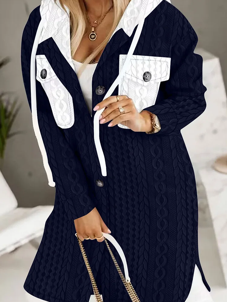 

Pocket Hooded Outerwear, Women Long Sleeve Patchwork Loungewear Coats, Autumn Winter Fashion Button Ladies Cardigan Jackets