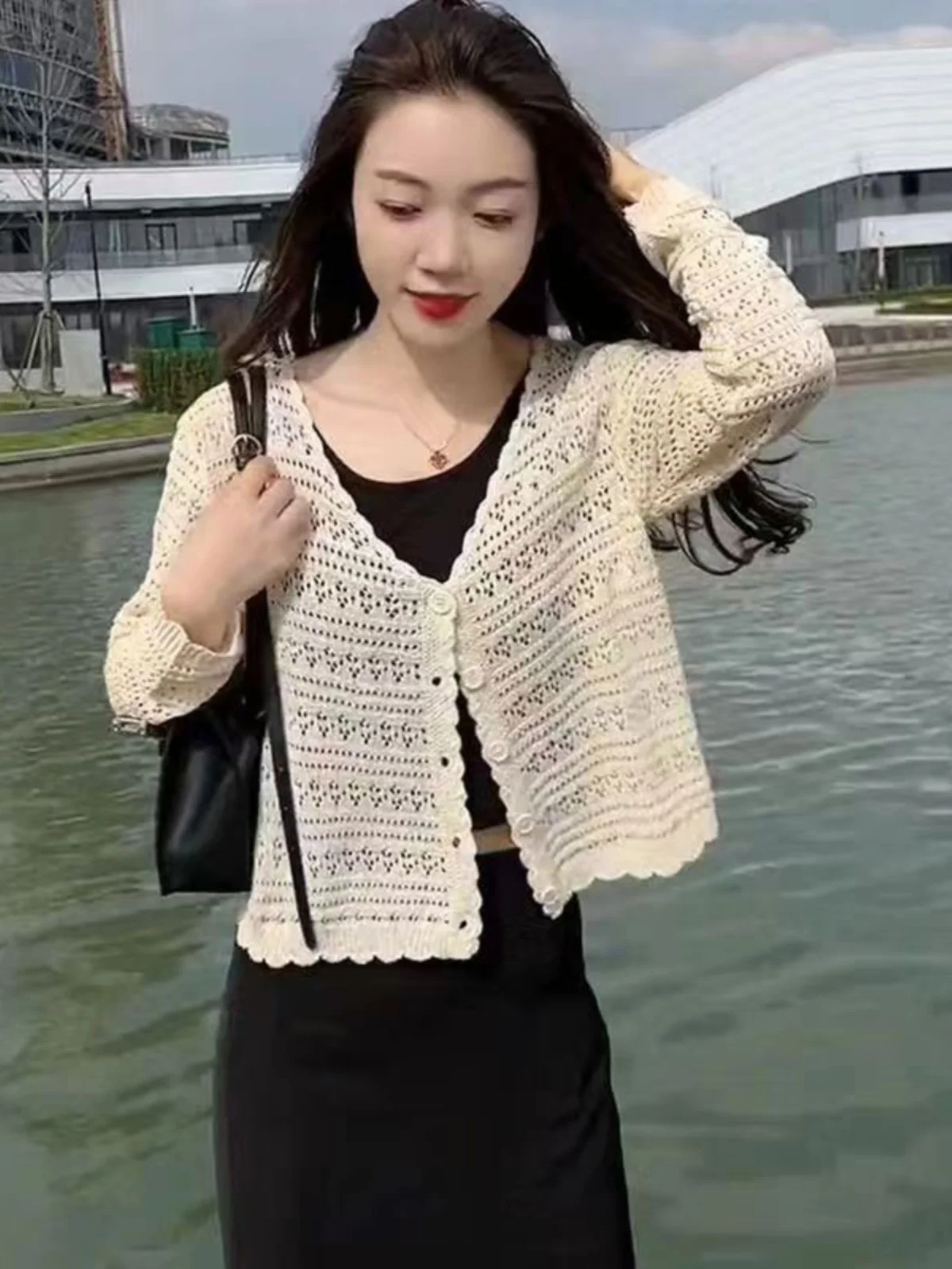 Women's Knitted Open Cardigan Thin Top 2025 New Air Conditioning Shirt Shawl Cover Sun Protection Open Cardigan with Sling Skirt