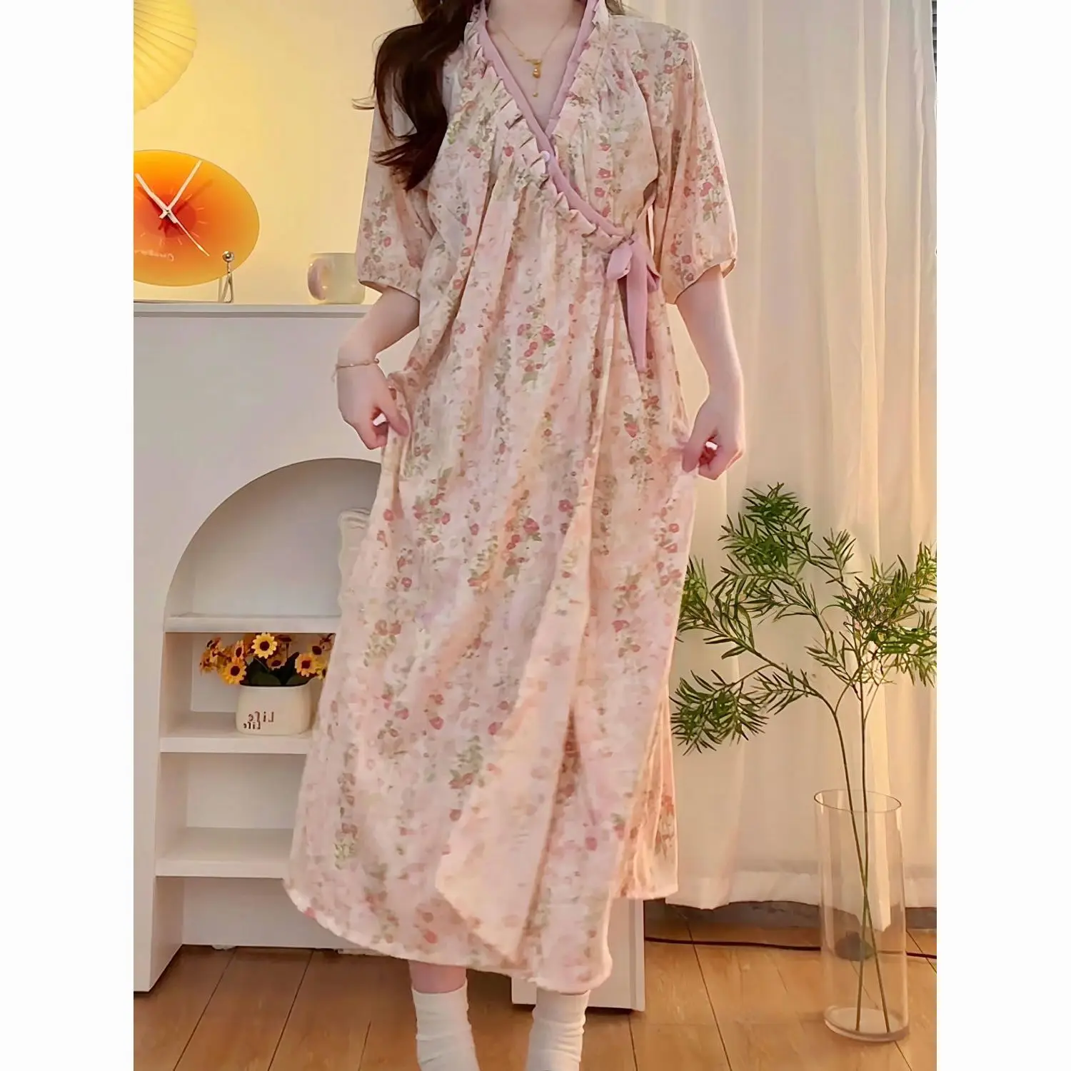 

Flowers Mid-length Nightgown for Women's Summer New Nightgown for Pajamas Bathrobe Home Clothes Plus Size Offer Sexy Pajama Hot