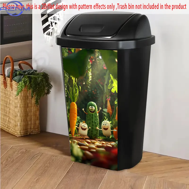 1pc Self-Adhesive Dustbin Stickers x  - Animated Carrots, Cucumber & Veggies in Lush Garden Design, PVC Decorative Art for Tra