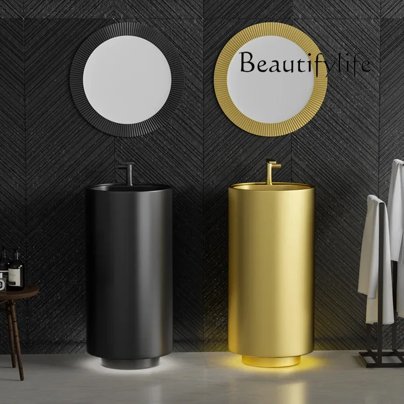 N69 Stainless steel column basin hotel courtyard bathroom wash basin bar integrated floor type creative washbasin