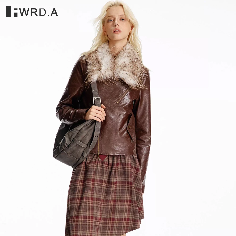 

FWRD Autumn Women’s Brown Faux Leather Jacket with Detachable Fur Collar Vintage Loose Fit Moto Biker Coat with Bronze#FWRD6041